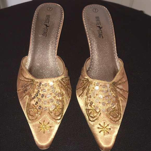 Gold Satin Slip on Shoes with Beading and Sequins - Picture 2 of 10